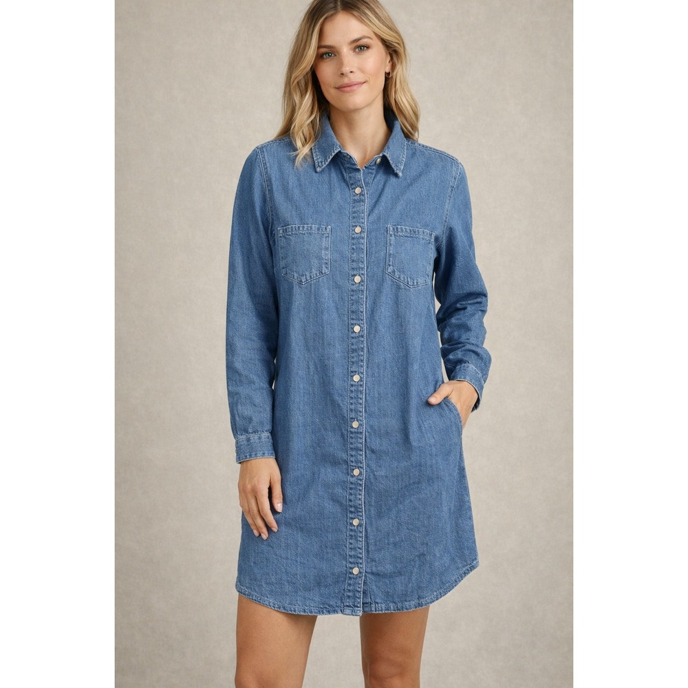 New Mavi Womens Small Denim Shirt Dress‎ Button Front Long Sleeve Pockets Blue